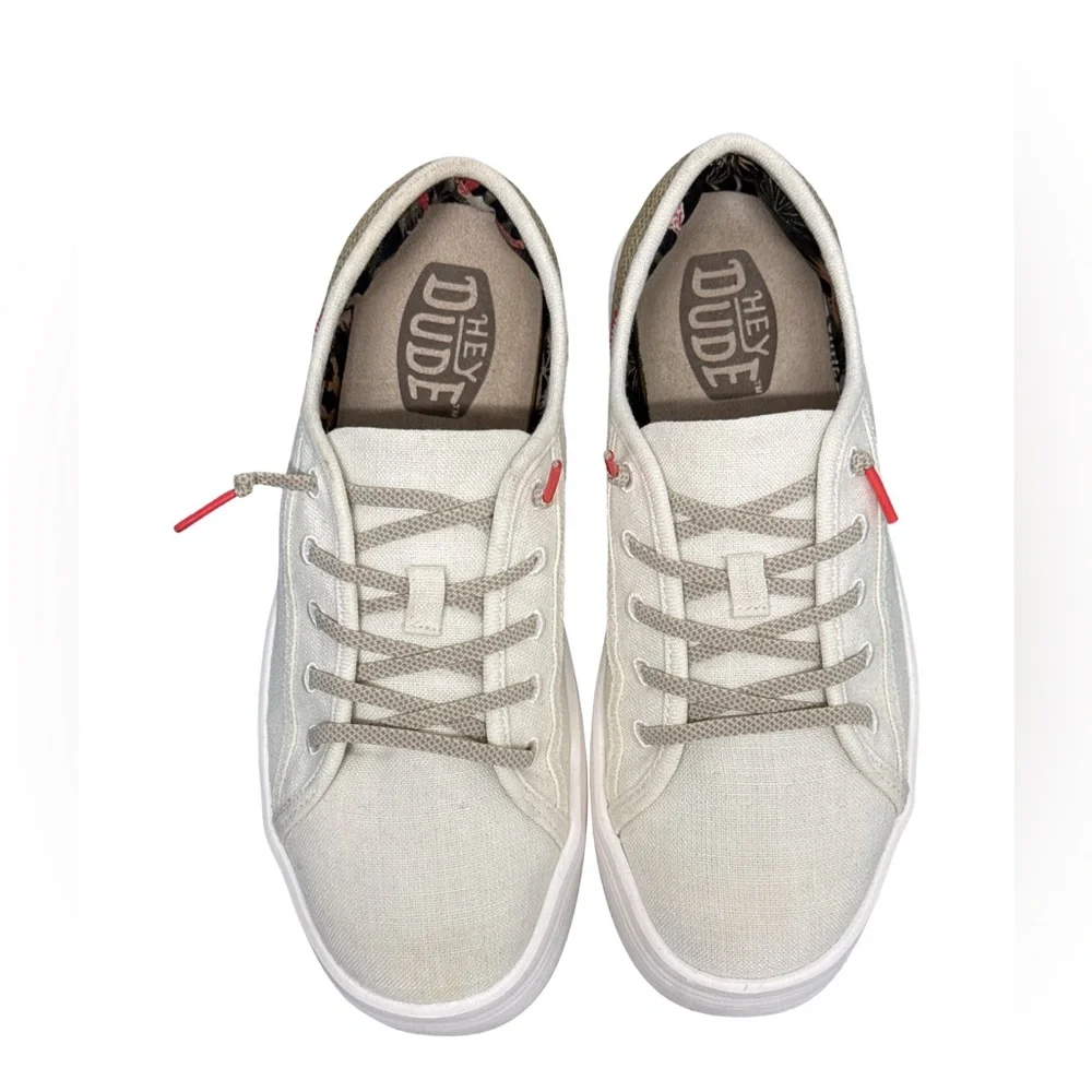 Hey Dude Low-Top Sneakers in Off-White with Tan & Red Accents